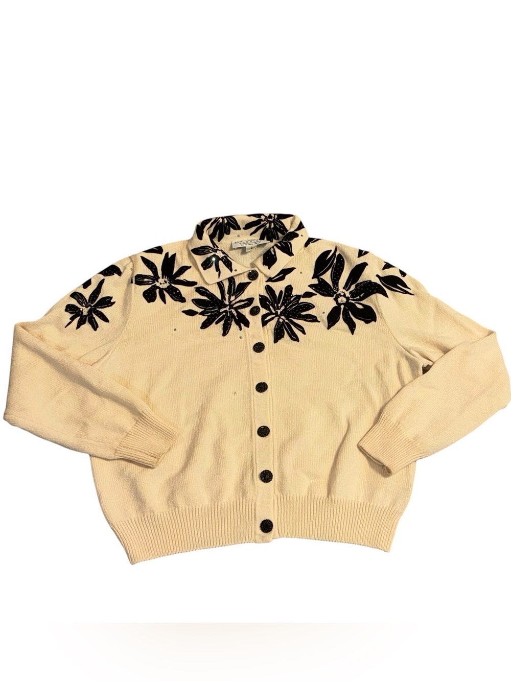 ST JOHN EVENING Santana knit ivory & black Rhinestone floral cardigan Size 8
